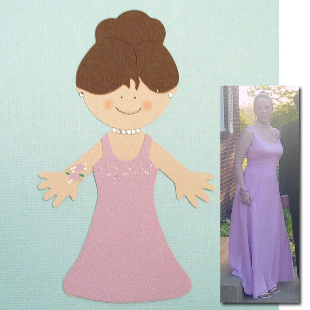Sparkly dress, bling-bling jewelry, and wrist corsage.